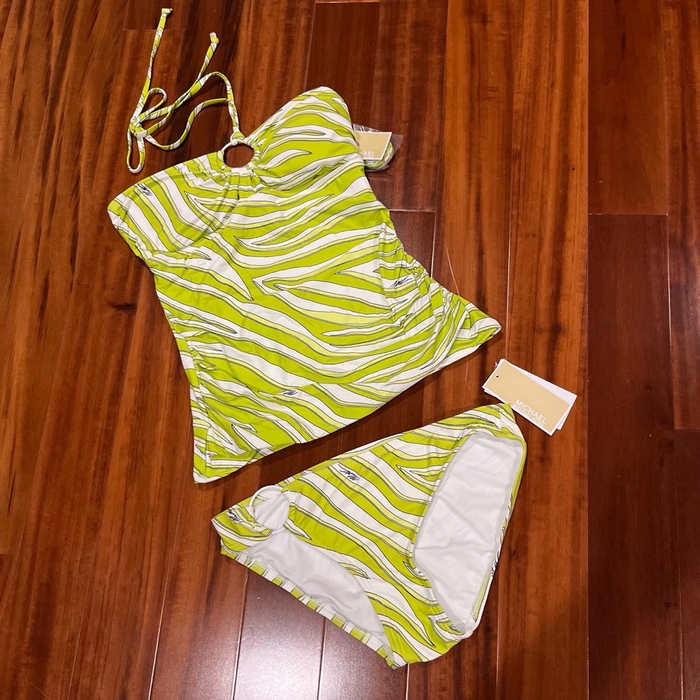New NWT Michael Kors Tankini Swim Set Two Piece Green White Limeade Striped XS S